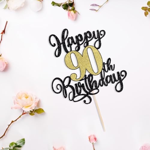 PALASASA Black Gold Happy 90th Birthday Cake Topper- Glitter Cheers to 90 Years Birthday Cake Pick 90 Fabulous Cake Decoration, 90th Birthday/Anniversary Party Cake Decoration