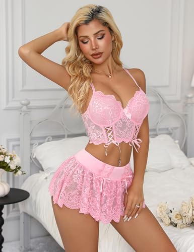 Mixxmix Lingerie for Women 3 Piece Underwire Floral Lace Corset Tops Sexy Mini Short Skirt Sets S-2XL