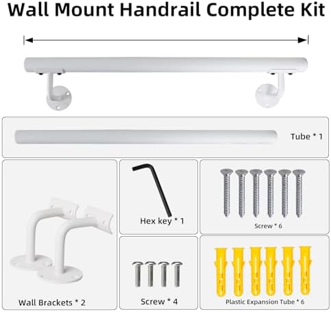 2 FT Heavy Duty White Metal Stairs Railing Indoor, Wall Mount Pipe Stair Handrail - Hand Rails for Indoor & Outdoor Steps, Banister Deck Porch Patio Railing, Wall Grab Bars for Seniors