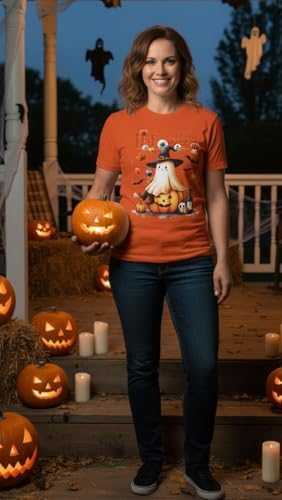 Halloween Shirts for Women - Pumpkin & Ghost Graphic Tee