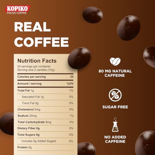 Kopiko Focus Coffee Candy – Have 80mg Caffeine per 2 Pieces for Energy & Mental Focus – Sugar-Free Hard Candy with Real Indonesian Coffee Extract (6 Pack w/4 Candies Each)
