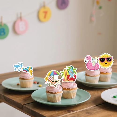 72Pcs Edible Summer Beach Pool Cupcake Toppers Wafer Paper Sun Flower Watermelon Water Gun Coconut Slippers Cupcake Picks Pool Party Birthday Tropical Luau Party Supplies