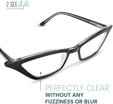 2SeeLife Premium Cat Eye Reading Glasses for Women – Narrow-Medium Fit, Sturdy Frame, Spring Hinges, Stylish Funky Readers, Black, +1.75