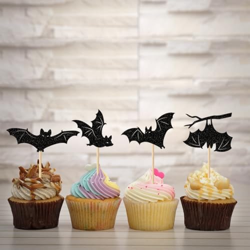 24 Pack Halloween Cupcake Toppers Set, Black Glitter Bat Cupcake Picks for Baby Shower, Halloween and Birthday Party Decorations Supplies (Bat)