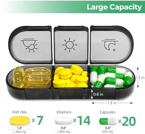 PULIV Weekly Pill Organizer 3 Times a Day, Portable Travel Pill Box 7 Day with Large Pill Containers, Light-Proof Pill Case for Vitamins, Medication, Supplements and Fish Oils (Black)