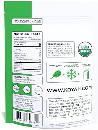 KOYAH - Organic Spinach Powder (Equivalent to 30 Cups Fresh): Freeze-Dried, Whole-Leaf Powder
