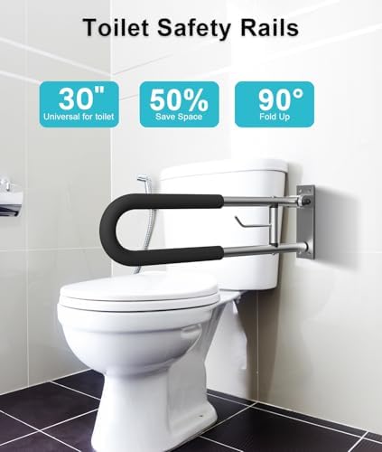 Foldable Toilet Grab Bar, 30 Inch Wall Mounted Flip-Up Safety Rail, 2mm Thick Heavy-Duty Rust-Resistant Aluminum Bathroom Support Bar for Elderly, Disabled, Handicap (30inch)