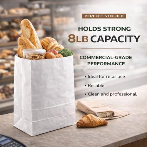 Perfect Stix - Kraft White Bag 8-100 8lb Kraft White Paper Bags - Pack of 100ct, White Bags