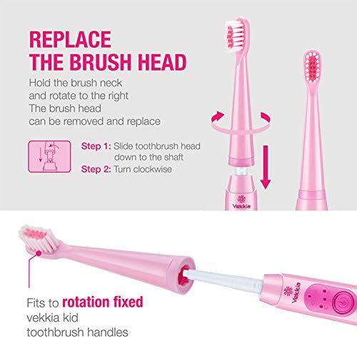 Vekkia Sonic Kids Electric Toothbrush Replacement Heads - 7X More Plaque Removal, End-Rounded 3D Curved Soft Bristles, Comfortable & Efficient Clean Teeth, Perfect for Kid Small Mouth, Pink (4 Pack)