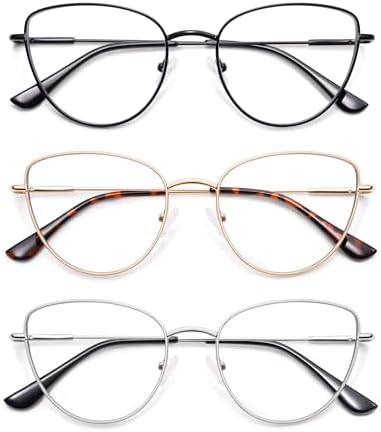 AMOMOMA 3-Pack Retro Cat Eye Reading Glasses for Women Trendy Blue Light Blocking Computer Readers Metal AM6199