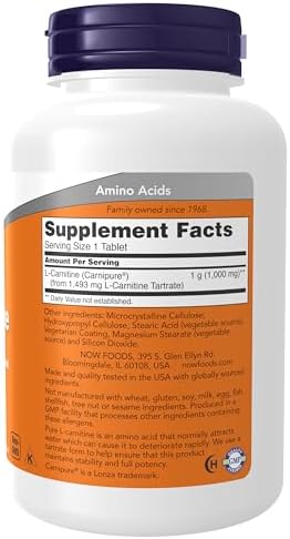 NOW Foods Supplements, L-Carnitine 1,000 mg, Purest Form, Amino Acid, Fitness Support*, 100 Tablets