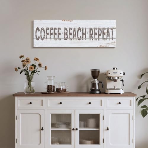Retro Coffee Beach Repeat Sign Shabby Chic Coastal Bar Decor Inspirational Words Prints on Wood Grain Canvas Country Seaside Coffee Shop Pub Store Decoration Summer Beach House Supplies 8x24inch
