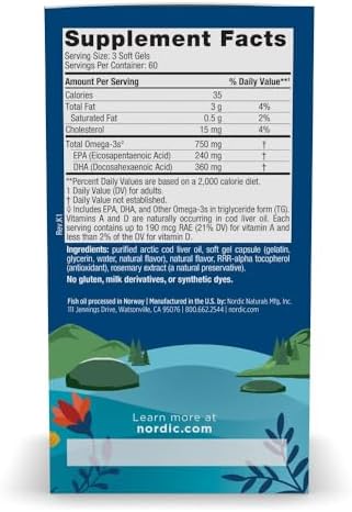 Nordic Naturals Arctic Cod Liver Oil, Lemon - 180 Soft Gels - 750 mg Total Omega-3s with EPA & DHA - Heart & Brain Health, Healthy Immunity, Overall Wellness - Non-GMO - 60 Servings