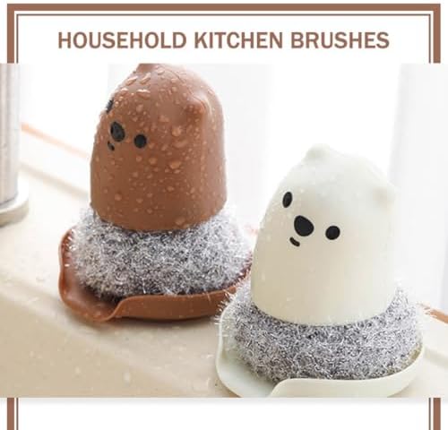 Cabilock 2pcs Cartoon Bear Kitchen Cleaning Brushes for Household Pot and Bowl Scrubbing, Sturdy Kitchen Scrubbers with Ergonomic Handle, Suitable for Dishwashing and Pan Cleaning