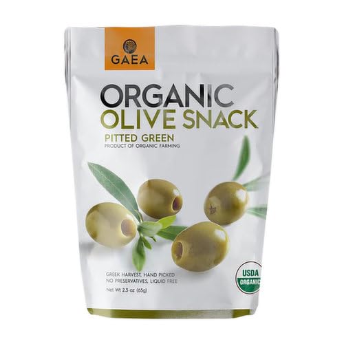 Gaea North America Organic Pitted Green Olives in Snack Pack, No Preservatives, Liquid Free, 2.3 Ounce (Pack of 8)