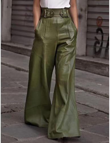 Sexyshine Women's PU Faux Leather Wide Leg Pants High Waisted Buckle Belt Loose Vintage Leather Pants Chic Clubwear