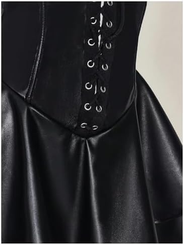 WDIRARA Women's PU Leather Lace Up Mini Halter Dress Sexy Punk Sleeveless Ruffle Layered A Line Dresses