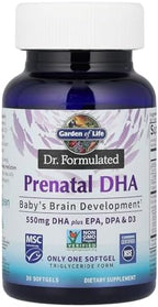 Garden of Life Dr. Formulated Prenatal DHA Fish Oil - 500mg DHA & DPA in Triglyceride Form 100% DV Vitamin D3, Single Source, Mercury Free Omega 3 Supplements for Women's Health, 30 Softgels