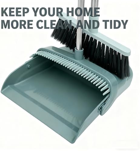 Upgrade Broom and Dustpan Combo Set - 3 Row Bristles & Extended Handles for No Bending, Self-Cleaning Dustpan Teeth, Stand-Up Storage, Indoor & Outdoor Sweeping (Bean Green)