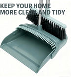 Upgrade Broom and Dustpan Combo Set - 3 Row Bristles & Extended Handles for No Bending, Self-Cleaning Dustpan Teeth, Stand-Up Storage, Indoor & Outdoor Sweeping (Bean Green)