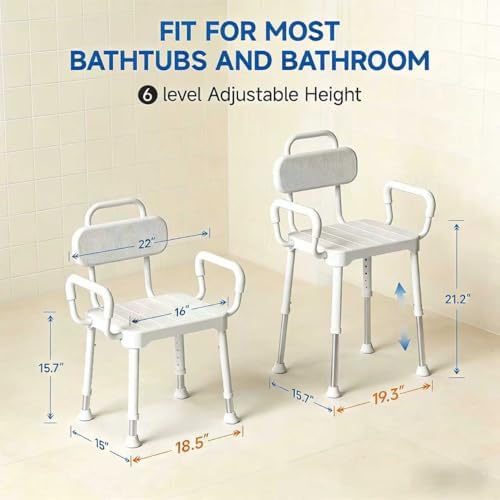 Shower Chair for Bathtub, Adjustable Height 15.7"–21.2" Bath Stool with Removable Backrest and Arms, Rust-Resistant Aluminum Frame, Non-Slip Rubber Feet, Supports 350 lbs， Neutral Gray