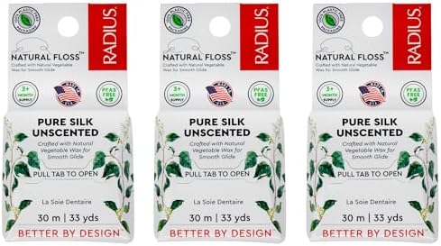 RADIUS Natural Silk Dental Floss, Now 30% Thinner for Smooth Glide in Tight Teeth, Hand-Spun Silk Infused with Coconut Oil, Plastic-Free & Sustainable Packaging, Unscented, 33 YD - Pack of 3