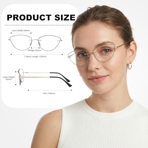 SKYOAK 3 Pack Cat Eye Reading Glasses for Women, Retro Rimless Frame Blue Light Blocking Readers with Mental Temple, Anti UV/Eye Strain Lightweight Computer Eyeglasses, 2.0
