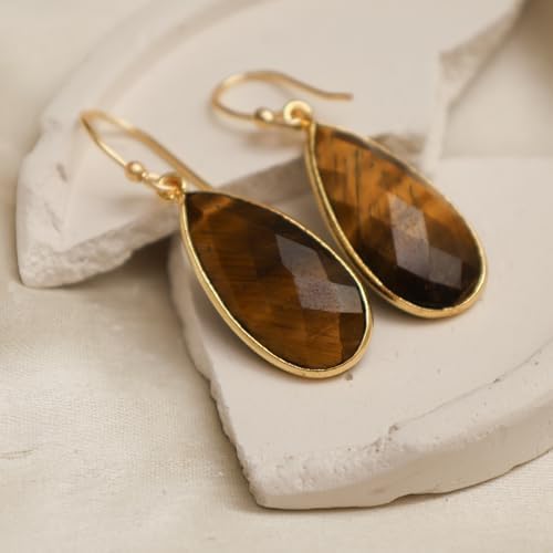 Gempires Genuine Gemstone Faceted Long Pear Gemstone Drop Dangle Hook Earrings, Statement Jewelry For Her, 1.5 inch Drop 14K Gold Plated, Gift For Woman