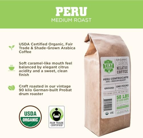 Tiny Footprint Coffee - Peru, Medium Roast, USDA Organic Ground Coffee, Fair Trade Certified - 16 Ounce
