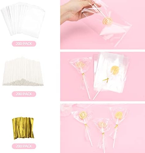 600 Pcs Cake Pop Sticks and Wrappers Kit, Including 6 Inch Paper Lollipop Sticks，4 x 6 Inches Clear Candy Treat Bags, Plastic Cake Pop Bags and Gold Twist Ties Chocolate Pops Making Accessories