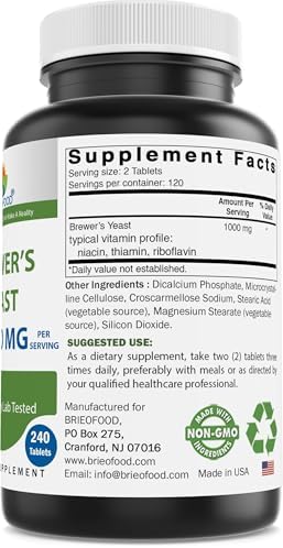 Brieofood Brewers Yeast 1000 mg per Serving - 240 Tablets - 3rd Party Labe Tested for Purity & Quality