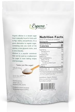 Espure Organic Allulose - USDA Certfied Organic, Low Calorie Sugar Replacement, Non-GMO, Vegan, Gluten Free; 10 oz
