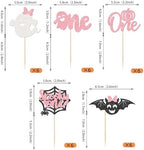 Rsstarxi 30 Pack Halloween Cupcake Toppers Spooky One Girl First Birthday Cupcake Decorations Ghost Bat Spider Pumpkin Cupcake Picks for Halloween Baby Shower 1st Birthday Party Cake Decorations