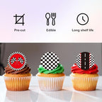 15pcs Edible Race Car Cupcake Toppers, Glutinous Rice Paper Black and White Checkered Cupcake Toppers Pre-Cut Edible Decoration Supplies for Racing Baby Shower Birthday Party