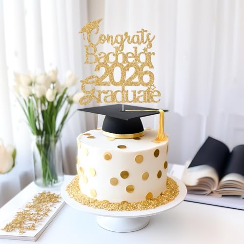 Congrats Bachelor 2026 Graduate Cake Topper, Congrats Bachelor Grad Decor, Class of 2026 Bachelor Degree Graduation Party Decorations Gold Glitter