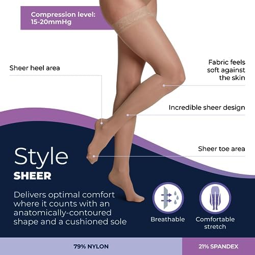 SIGVARIS Women's Sheer Fashion Thigh High Hose - 15-20mmHg Weight Compression - Sheer Non-Slip Hosiery for Comfortable Everyday Wear - Honey - C (Large)