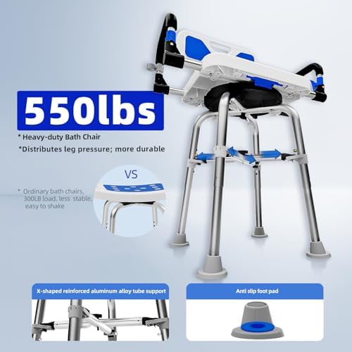 Heavy Duty 360 Swivel Shower Chair for Elderly, 550LB Bariatric Shower Bench with Adjustable Height & Padded Seat, Folding Stool for Inside Shower Bathtub Bathroom