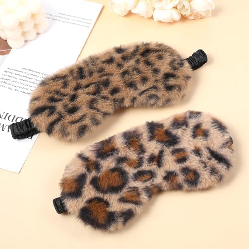 2 Pcs Plush Leopard Eye Mask Soft Sleeping Blindfold Eye Cover Comfortable Furry Faux Fur Sleeping Mask Satin Nap Night Eyeshade Cover for Women Men Gift (Brown, Coffee)