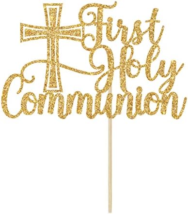 First Holy Communion Cake Topper, Spanish Baptism, First Communion Decoration, Wedding Christening Baby Shower 1st Birthday Party Decorations Gold Glitter