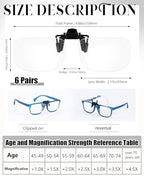 Copkim 6 Pairs Clip on Reading Glasses Flip up Magnifying Clip on Lens Blue Light Blocking Non Prescription Reading Glasses