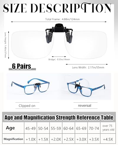 Copkim 6 Pairs Clip on Reading Glasses Flip up Magnifying Clip on Lens Blue Light Blocking Non Prescription Reading Glasses