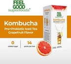 FeelGood Superfoods Kombucha Iced Tea Packets, Delicious Grapefruit Flavored Refreshing Instant Kombucha Powder Fizzy Drink, Probiotic Supplement for Gut Health, 14 pack