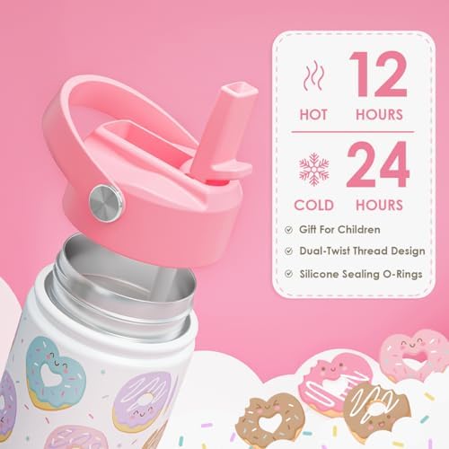 SANDJEST Donut Kids Water Bottle With Straw Lid 12oz Insulated Stainless Steel, Sprinkle Travel Tumbler, Gifts for Girls, Birthday, Christmas, Back To School