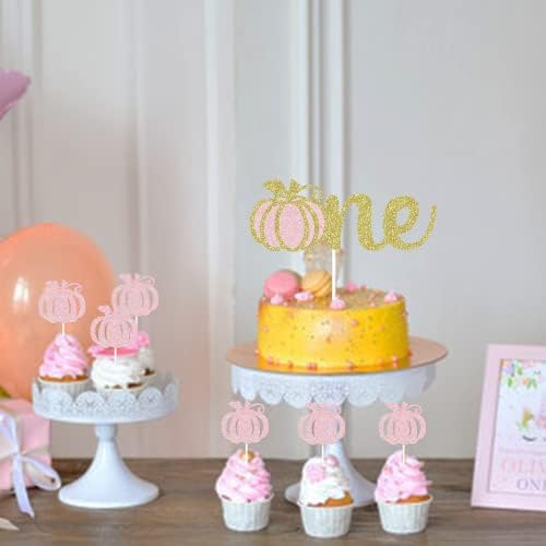 Gold Glittery Pumpkin Cake Topper and 24 Glittery Pumpkin Cupcake Toppers - Baby Shower and Birthday Decorations, Fall Theme