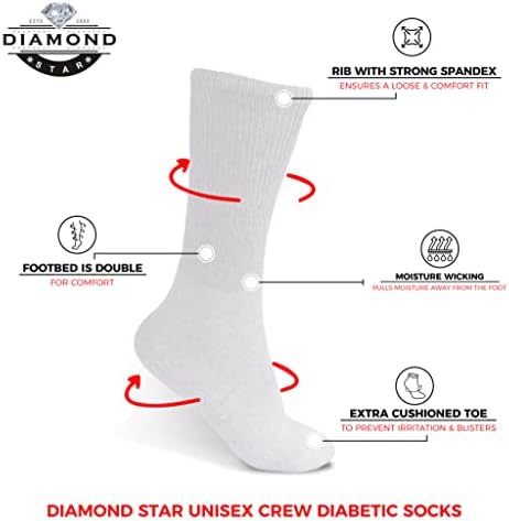 Diamond Star Diabetic Socks, Non-Binding Circulatory Cushion Cotton Crew Diabetic Socks for Men Women