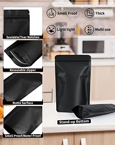 FireKylin 100 Pack Resealable Stand Up Bags,Smell Proof Pouch Sealable Foil Pouch Bags for Packaging (Black, 3.5" x 5.1")