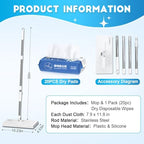Snap Grip Mop, Cloth Changing Mop, Zero Touch Lazy Mopa with Automatic Cloth Changing, Wet & Dry Dust Mopping for Hardwood, Vinyl, Laminate, Tile, Includes 20 Dry Pads, Home Cleaning Essential (White)