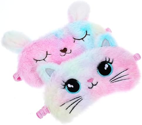 2 Pcs Plush Eye Mask Soft Sleeping Blindfold Eye Cover Comfortable Cute Animal Sleeping Mask Satin Nap Night Eyeshade Cover for Women Men Gift (Multicolor, Cat&Rabbit Style)