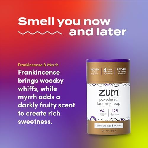 Zum Powdered Laundry Soap by Indigo Wild - Plant-Based Laundry Soap with Baking Soda, Coconut Oil & Essential Oils - 64 Loads (32 oz) - Frankincense & Myrrh