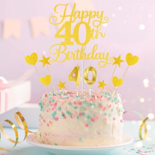 Happy 40th Birthday Cake Topper for 40th Birthday Decorations Numeral 40 Candle with Glitter Heart Cupcake Picks Set for Men Women Hello 40 Birthday Anniversary Party Cake Decor Supplies（GOLD）